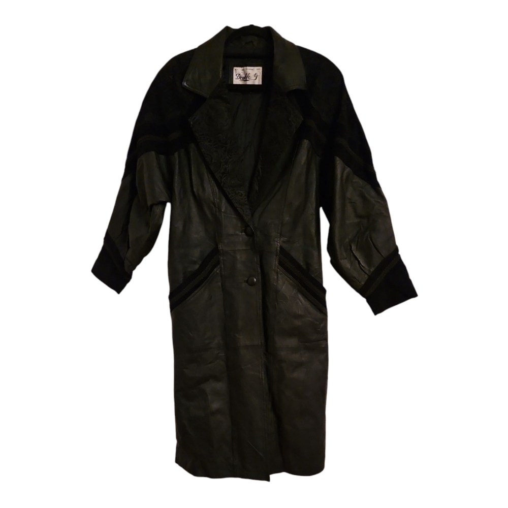 Vintage 80s Long Black Leather/Suede Trench Coat/Duster, Sz Med, Double G - Picture 3 of 12